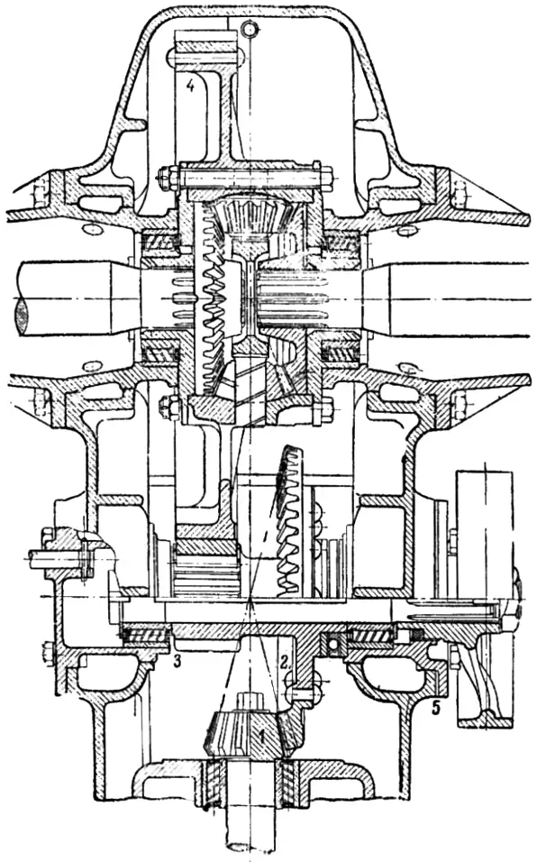 Устройство конечной передачи трактора СХТЗ: 1 – малая коническая шестерня; 2 – промежуточная составная коническая шестерня; 3 – малая цилиндрическая шестерня; 4 – большая цилиндрическая шестерня