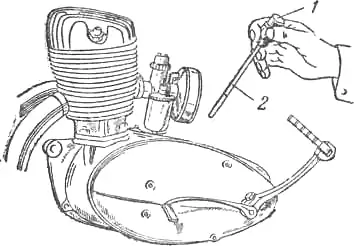 Методика измерения уровня масла в картере коробки передач советского мотоцикла: 1 – пробка; 2 – щуп