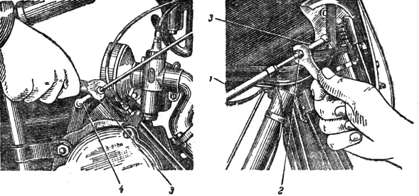 Регулировка тяги коробки передач мотоцикла К-1Б (К1Б) «Киевлянин»: 1 – тяга; 2 – контргайка; 3 – наконечник; 4 – рычаг переключения