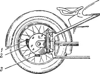 Проверка уровня масла в редукторе мотоцикла М-72: 1 – пробка; 2 – наливное отверстие; 3 – спускная пробка