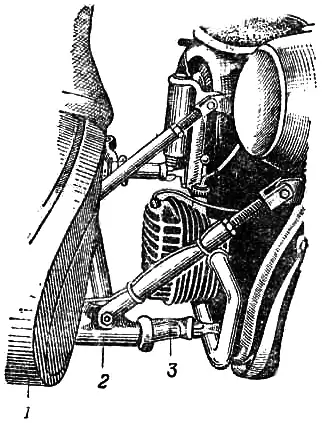 Крепление прицепной коляски к мотоциклам М-72 и М-76: 1 – кузов коляски; 3 – передний коленчатый вал