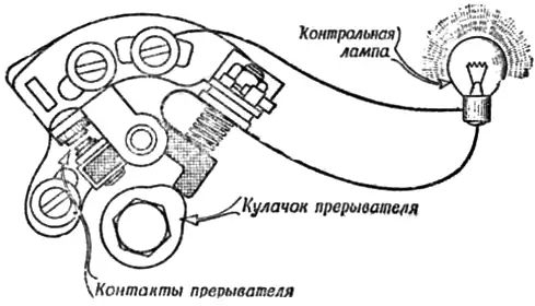Определение момента размыкания контактов с использованием контрольной лампы (прерыватель мотоциклов К-125, ИЖ-49, М1А «Москва»)