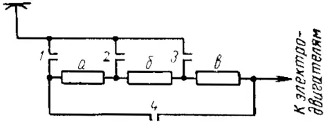 Схема сопротивления для одной группировки электродвигателей с шестью реостатными ступенями, применяемая для реостатного пуска двигателей троллейбуса
