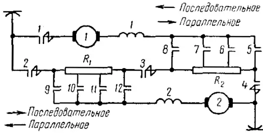 Схема перехода методом моста с последовательного соединения электродвигателей троллейбуса на параллельное соединение при прямом и обратном вращении реостатного контроллера