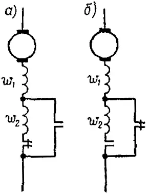 Схема ослабления магнитного поля электродвигателя троллейбуса отключением части витков: а — при полном магнитном поле; б — при ослабленном магнитном поле