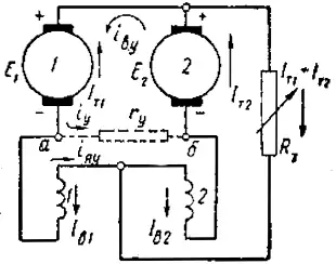 Схема реостатного торможения при двух генераторах, включенных на общее тормозное сопротивление