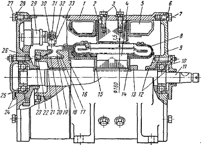 Устройство электродвигателя компрессора типа ДК-653А, устанавливаемого на троллейбусах (продольный разрез)